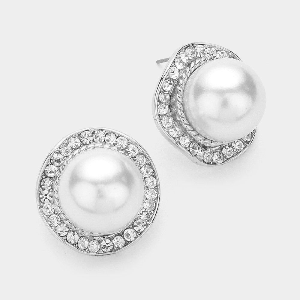 Crystal Rhinestone Trimmed White Pearl Bridal Earrings | White Pearl Earrings