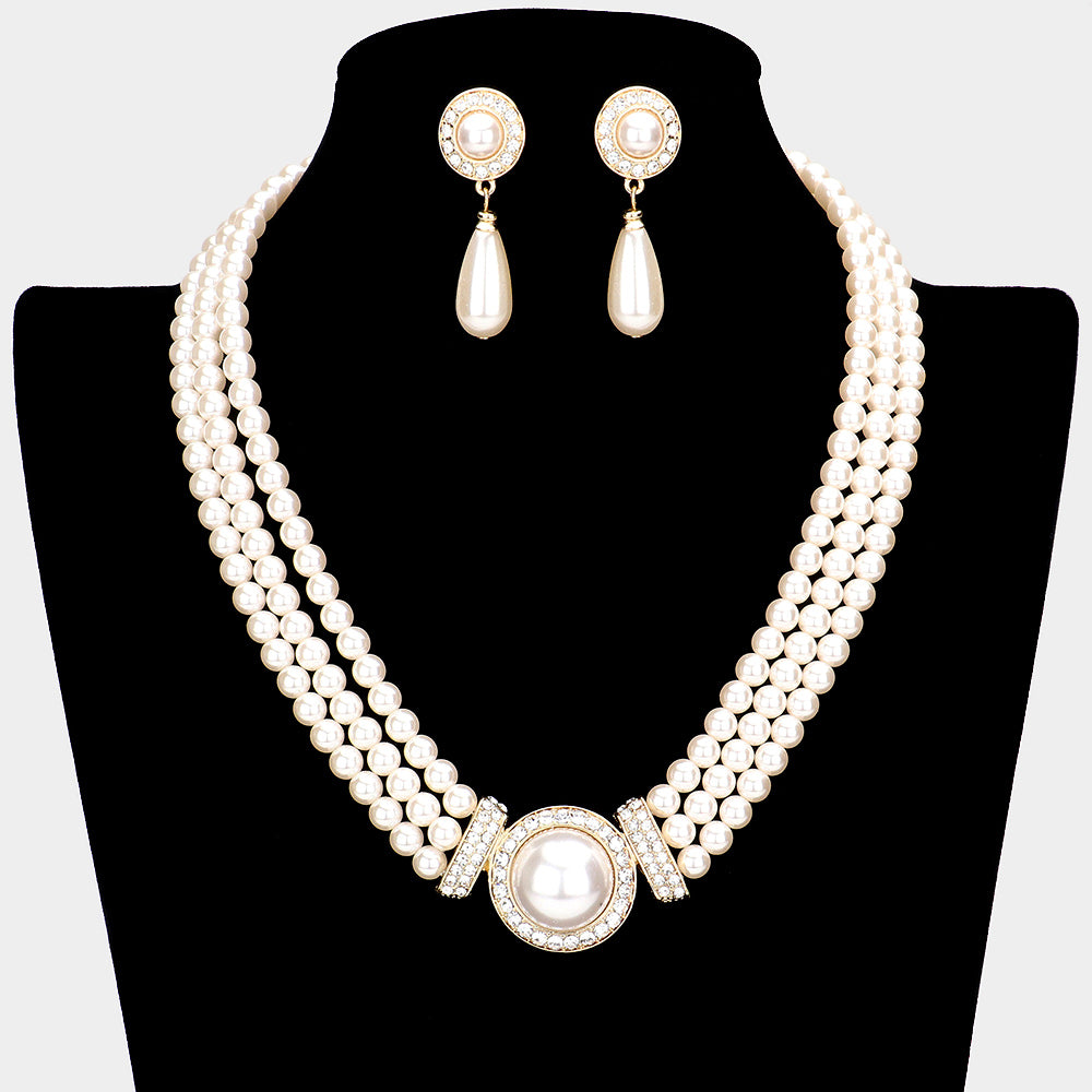 Three Row Cream Pearl Necklace with Cream Pearl Teardrop Earrings on Gold | Bridal Jewelry Sets