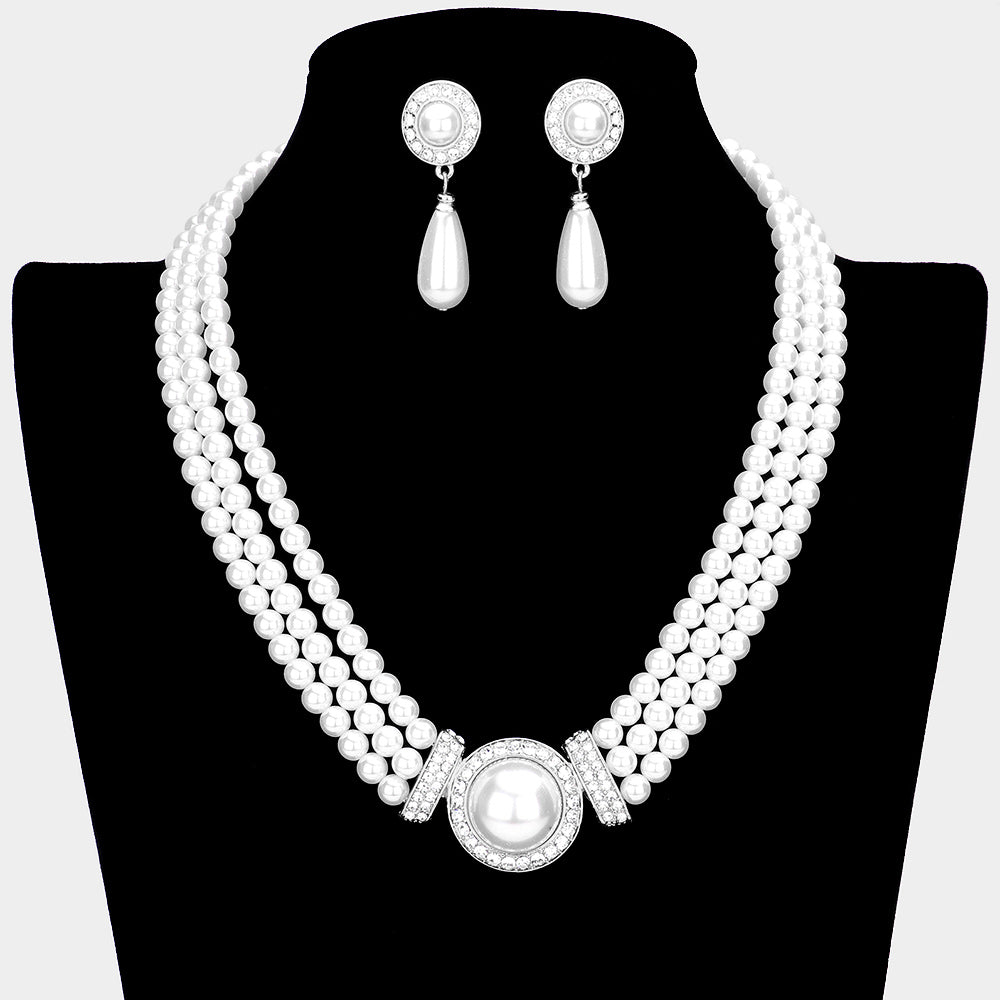 Three Row White Pearl Necklace with White Pearl Teardrop Earrings | Bridal Jewelry Sets