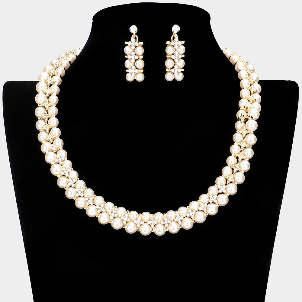 Crystal and Cream Pearl Bib Necklace and Earrings | Bridal Jewelry | Wedding Jewelry