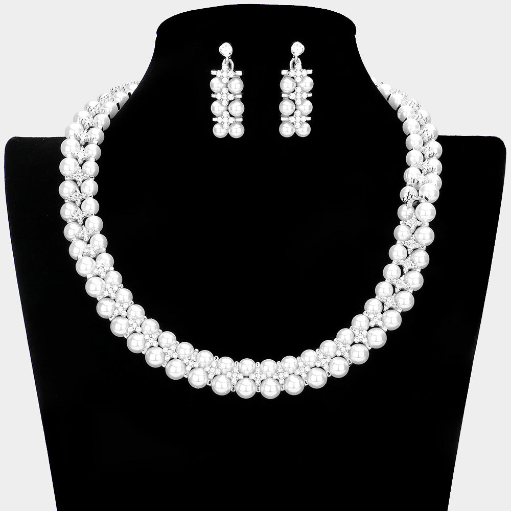 Crystal and White Pearl Bib Necklace and Earrings | Bridal Jewelry | Wedding Jewelry