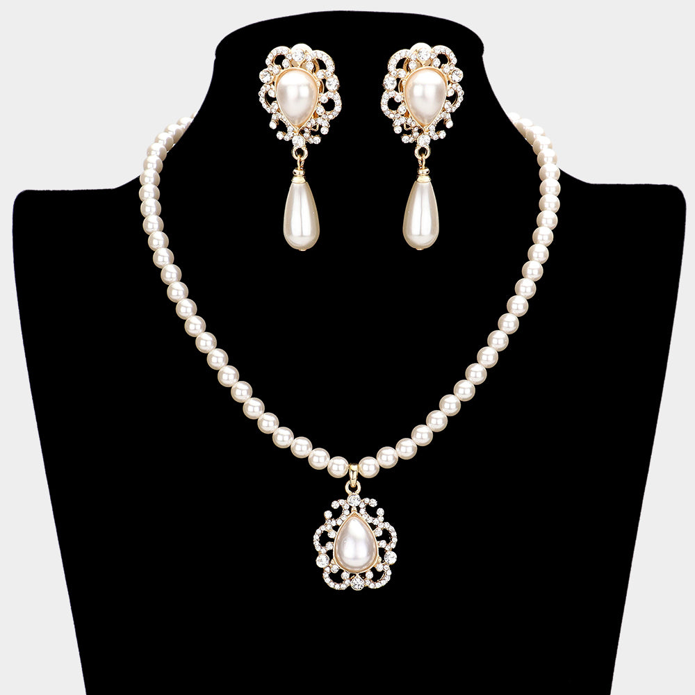 Cream Teardrop Pearl and Round Pearl Necklace Set with Clip on Earrings on Gold | Bridal Jewelry