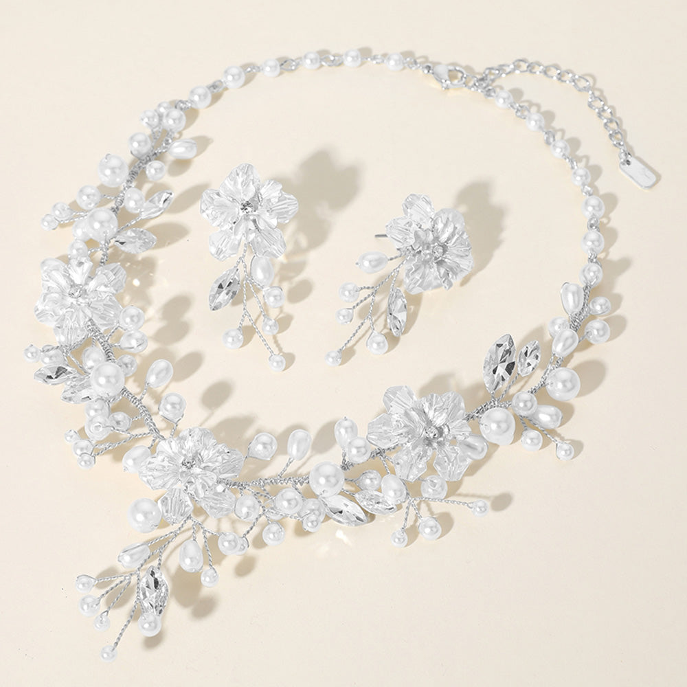 Wired Metal Floral and White Pearl Wedding Necklace Set | Bridal Jewelry