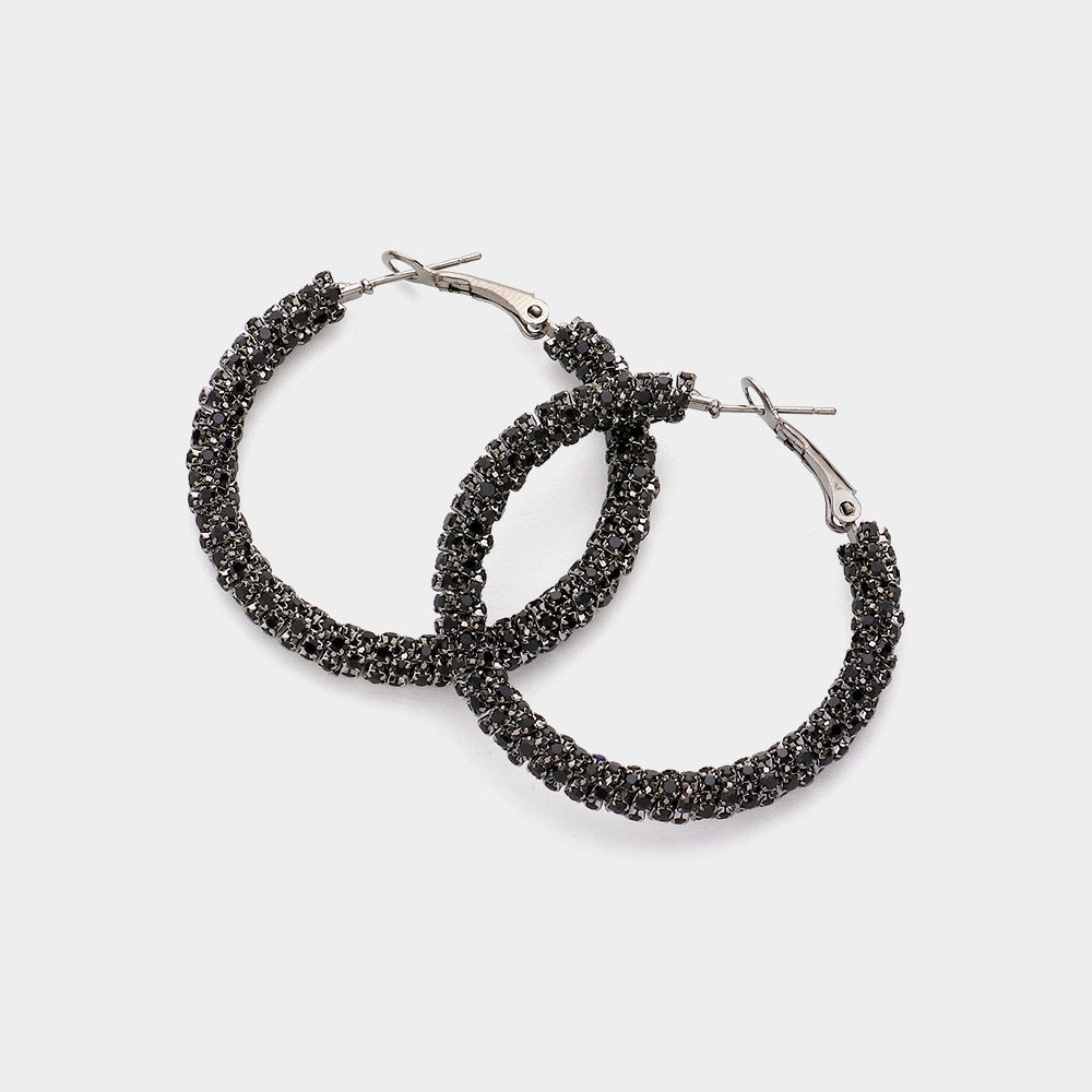 Black Crystal Rhinestone Hoop Earrings   | 1.75"