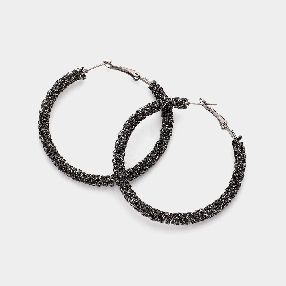 Black Crystal Rhinestone Hoop Earrings   | 2.25"