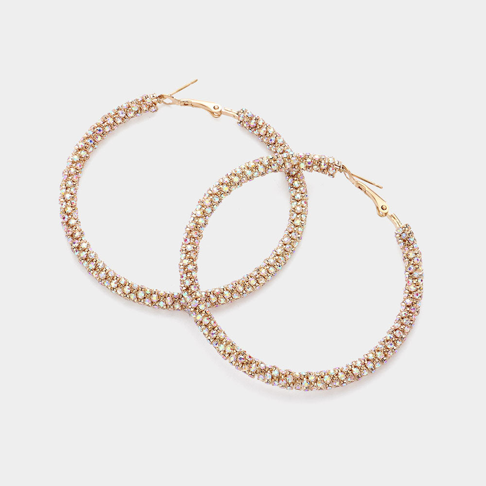 AB on Gold Rhinestone Hoop Earrings  | 2.50"