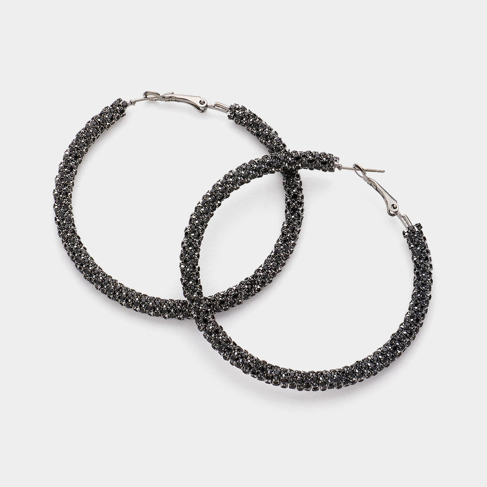 Black Rhinestone Hoop Earrings  | 2.50"