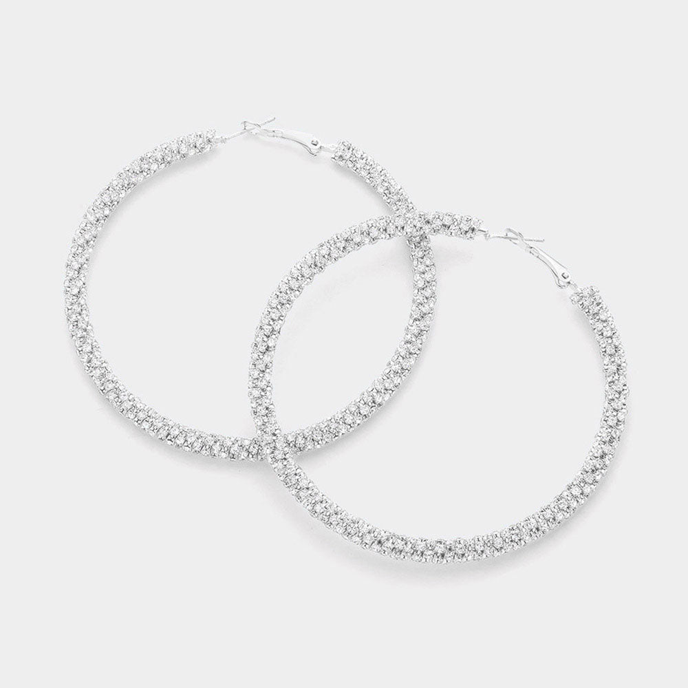 Clear on Silver Rhinestone Hoop Earrings  | 2.75" 