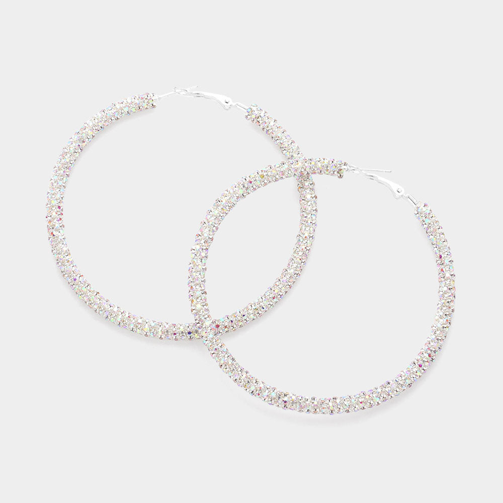 AB on Silver Rhinestone Hoop Earrings  | 2.75" 