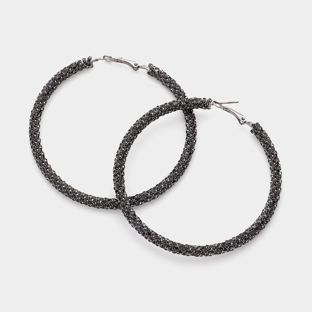 Black Rhinestone Hoop Earrings  | 2.75"