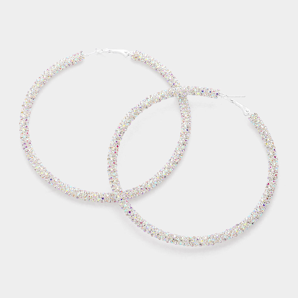 AB on Silver Rhinestone Hoop Earrings  | 3.25"