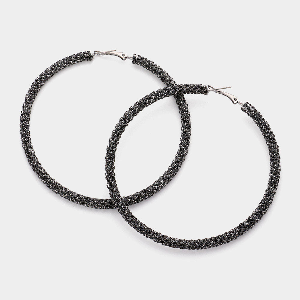 Black Rhinestone Hoop Earrings  | 3.25"