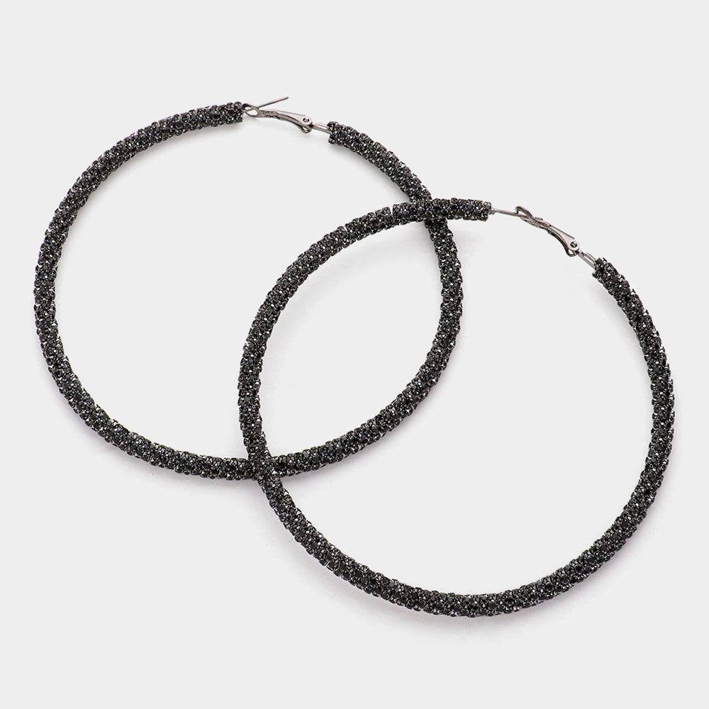 Black Rhinestone Hoop Earrings  | 3.75" 