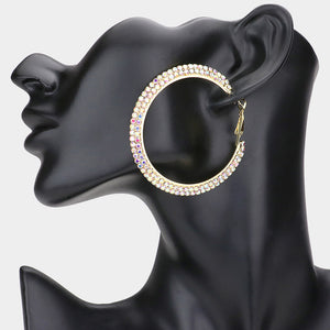 Two Row AB Crystal Hoop Earrings on Gold | 2.3" 