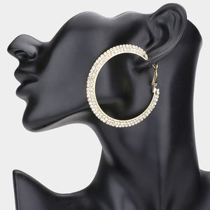 Two Row Crystal Hoop Earrings on Gold | 2.3"