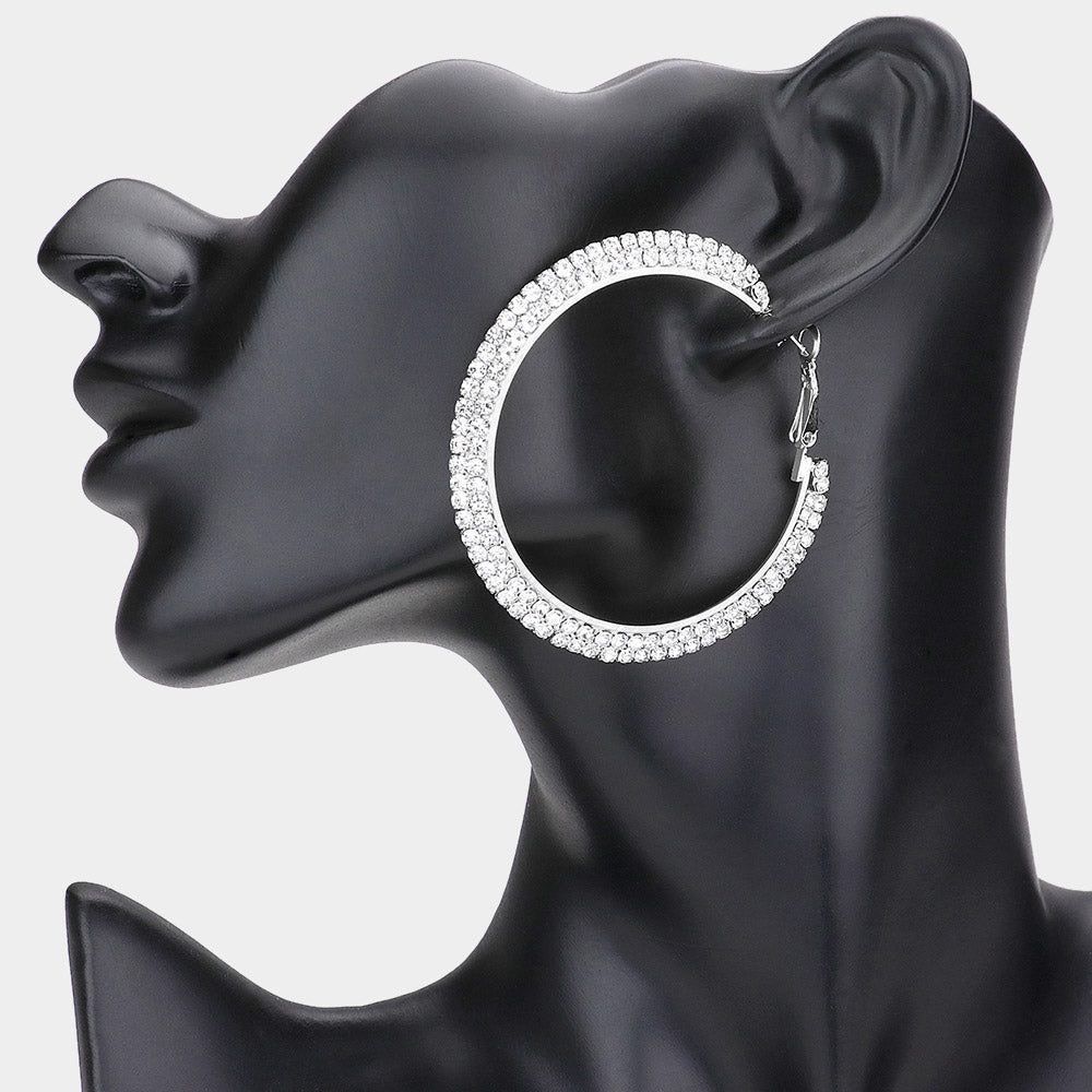 Two Row Clear Rhinestone Hoop Earrings | 2.3"