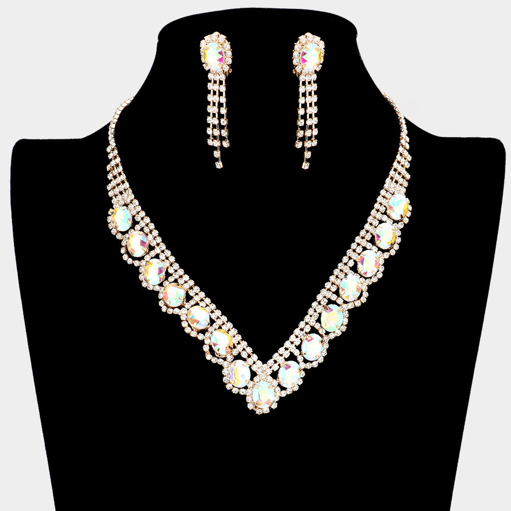 AB Oval Stone Accented V Shape with Rhinestones Necklace CLIP ON Set on Gold | Prom Necklace with CLIP ON Earrings