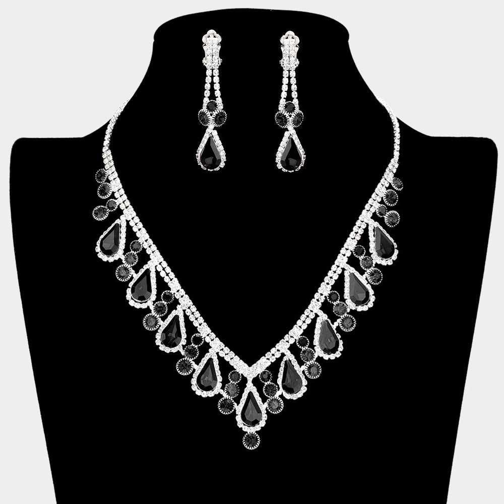 Black Teardrop and Rhinestone Necklace with Clip On Earrings | Prom Jewelry