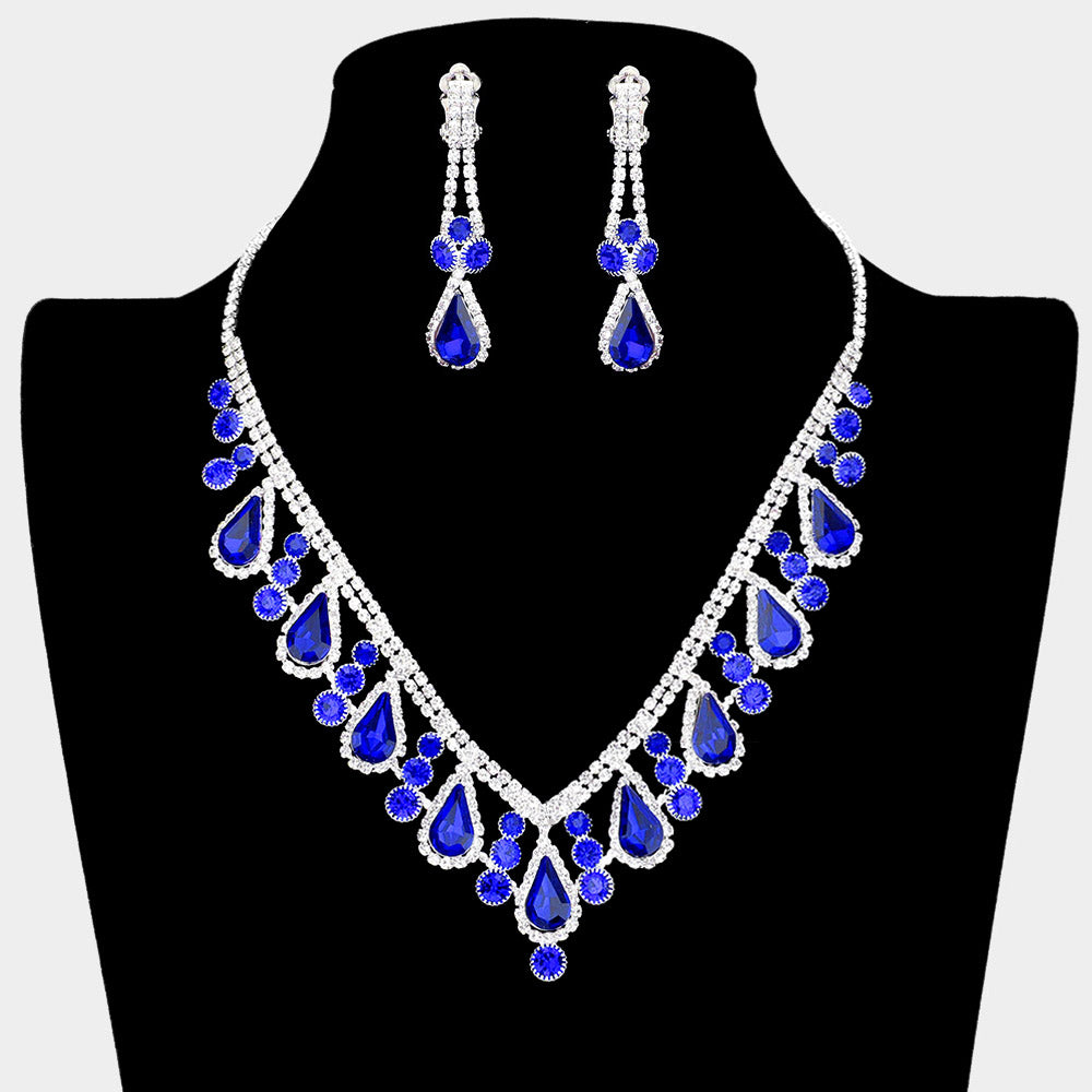 Sapphire Teardrop and Rhinestone Necklace with Clip On Earrings  | Prom Jewelry