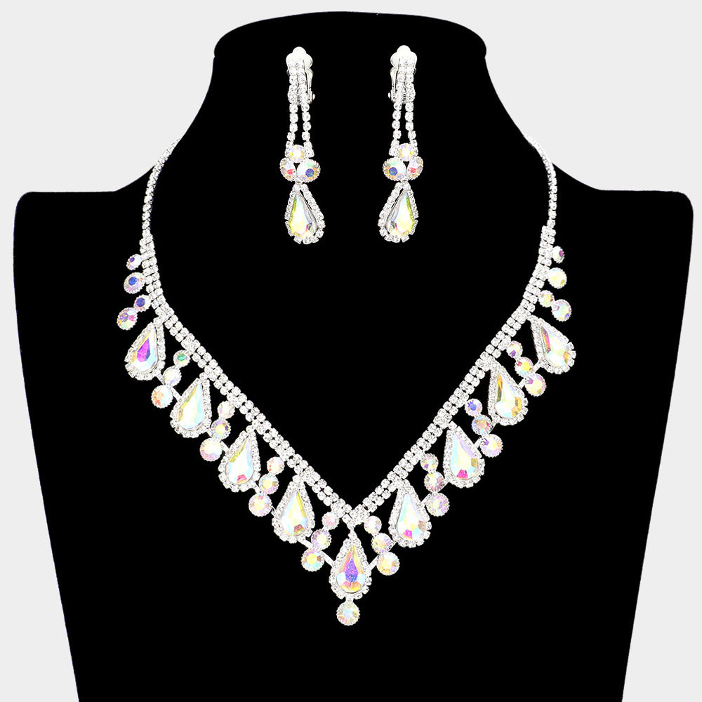 AB Teardrop and Rhinestone Necklace with Clip On Earrings  | Prom Jewelry