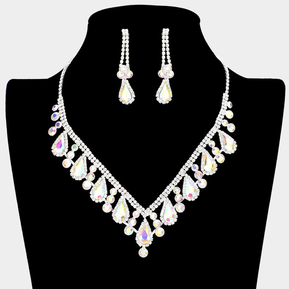 AB Teardrop and Rhinestone Necklace with Clip On Earrings | Prom Jewelry