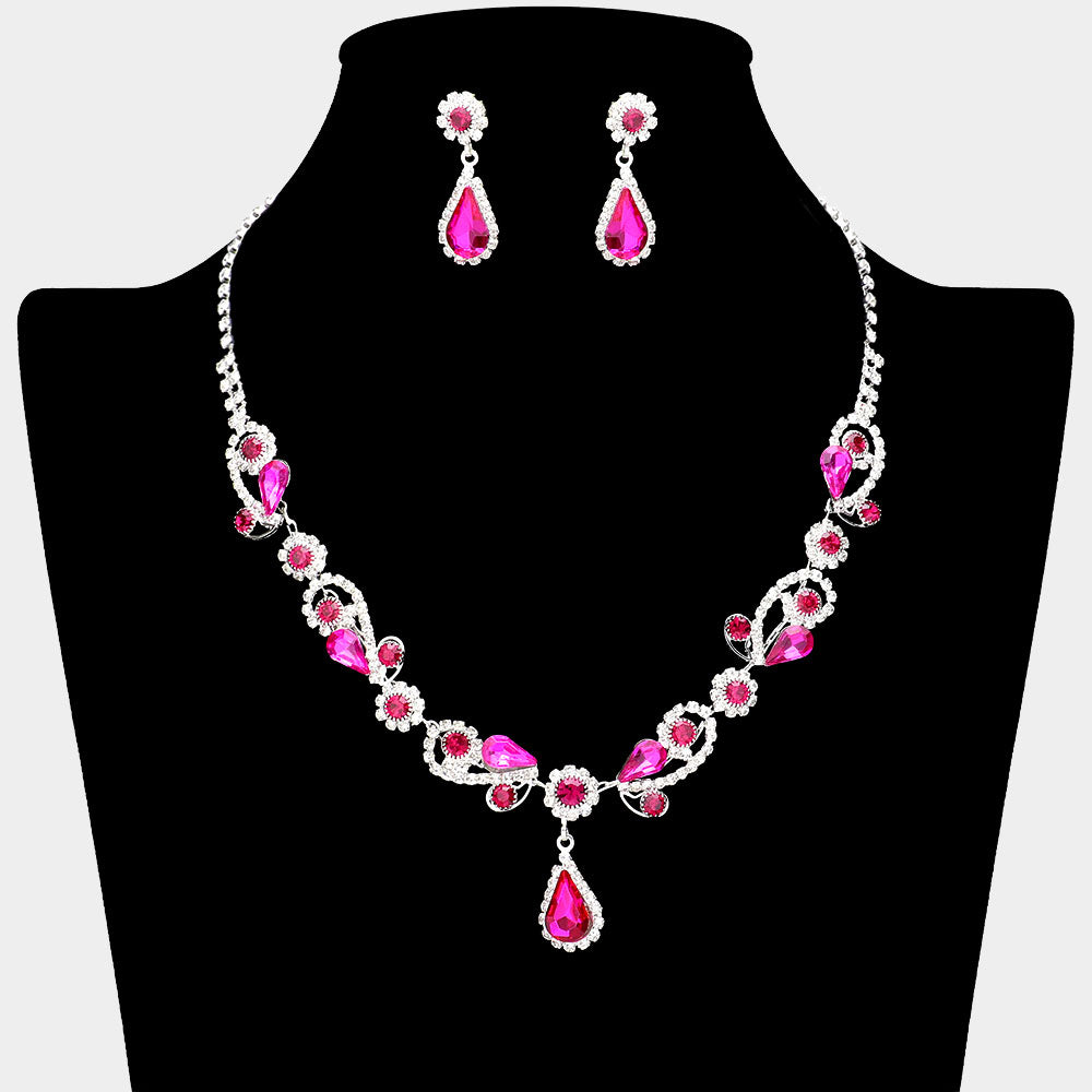 Fuchsia Teardrop and Rhinestone Floral Pageant Necklace Set | Special Event Jewelry