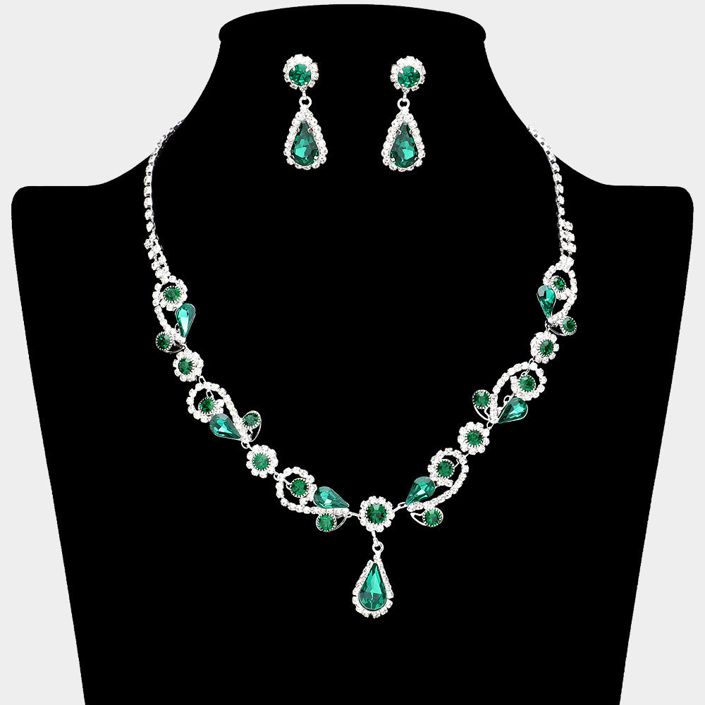 Emerald Teardrop and Rhinestone Floral Pageant Necklace Set | Special Event Jewelry