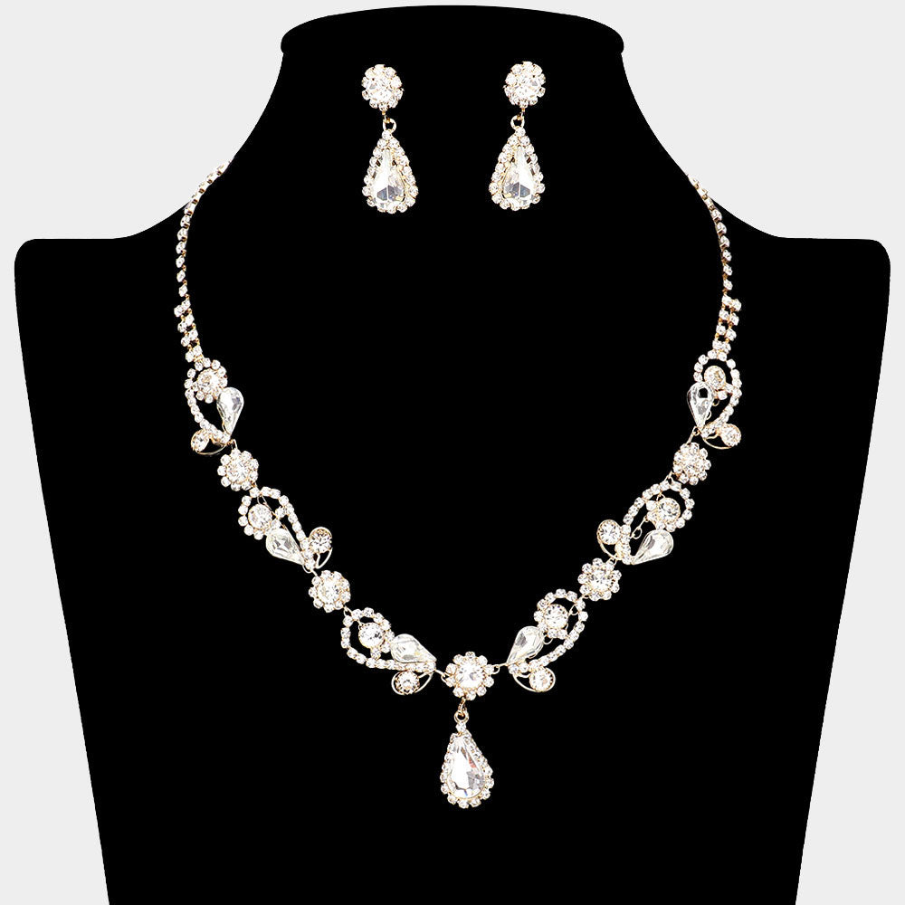 Clear Teardrop and Rhinestone Floral Pageant Necklace Set on Gold | Special Event Jewelry