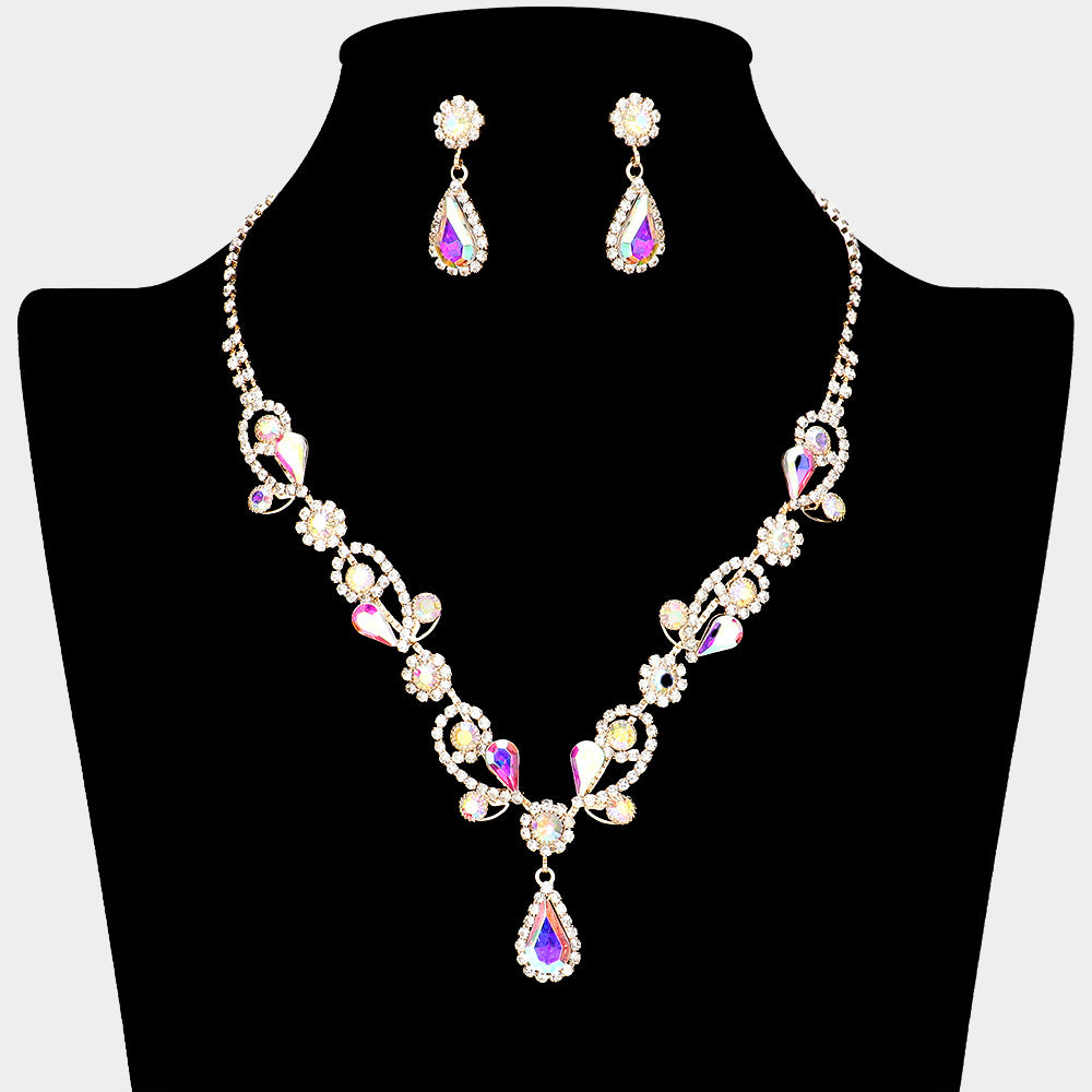 AB Teardrop and Rhinestone Floral Pageant Necklace Set  | Special Event Jewelry