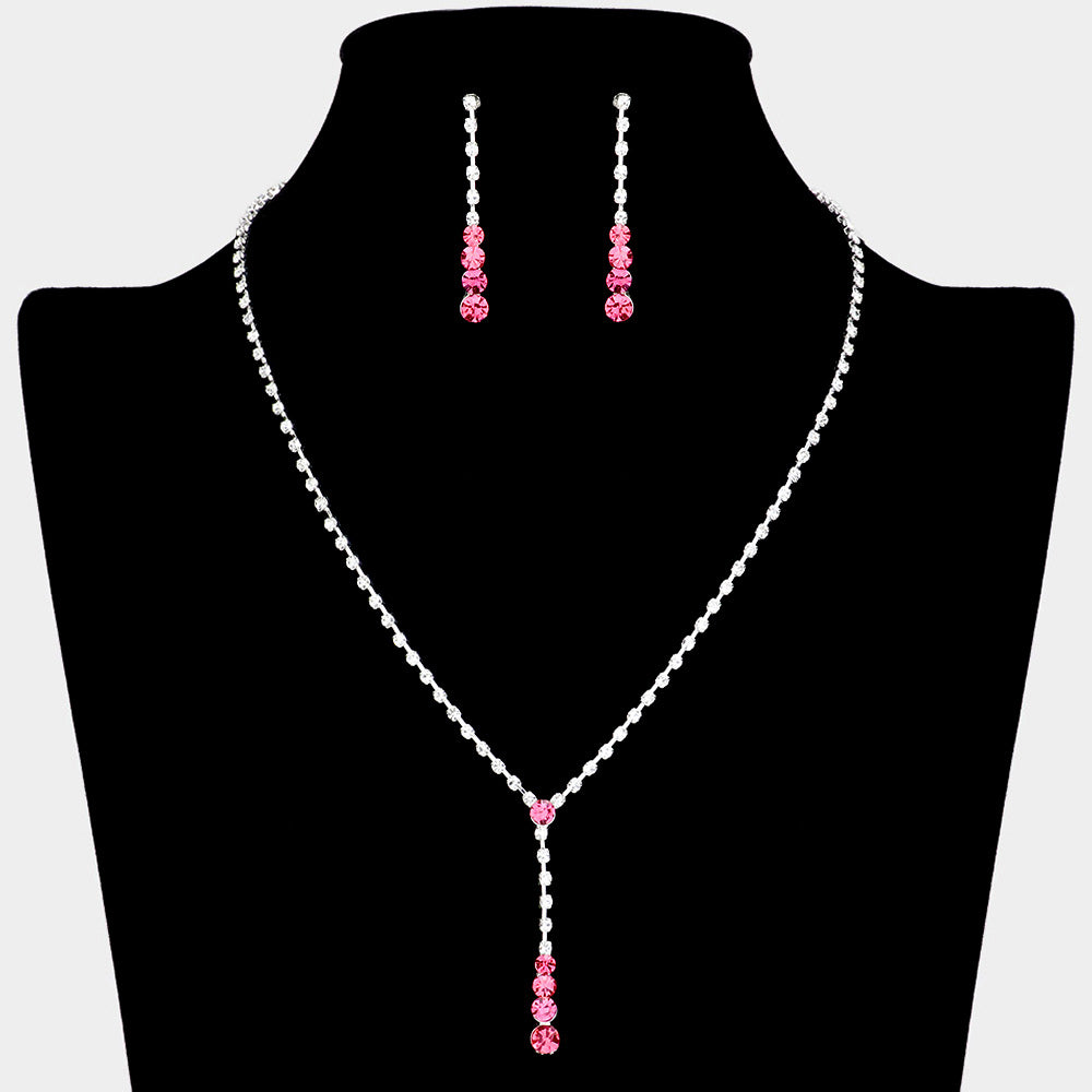 Fuchsia Round Stone Y Necklace and Earring Set | Hot Pink Necklace Set