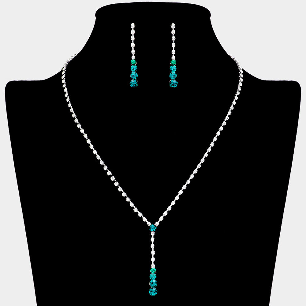 Emerald Round Stone Y Necklace and Earring Set | Green Necklace Set