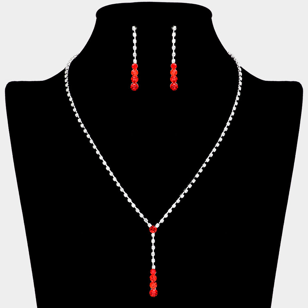 Red Round Stone Y Necklace and Earring Set | Red Necklace Set