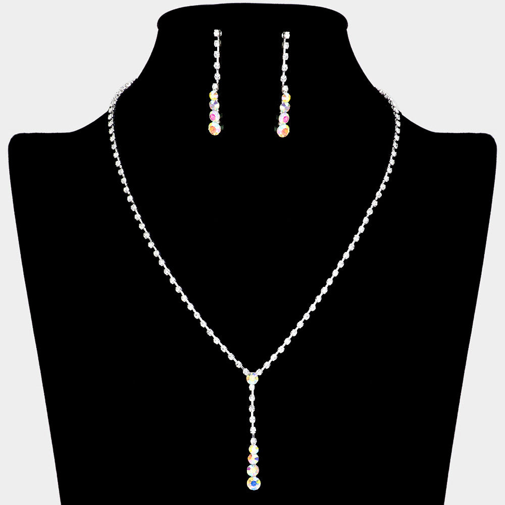 AB Round Stone Y Necklace and Earring Set on Silver| AB Necklace Set on Silver