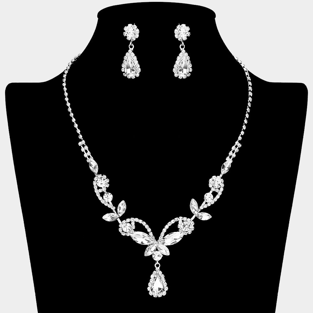 Clear Marquise Stone Floral Rhinestone Embellished Evening Necklace Set | Prom Jewelry