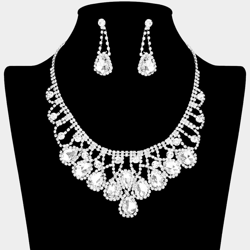 Clear Teardrop and Rhinestone Embellished Collar Necklace Set | Clear Prom Necklace Sets