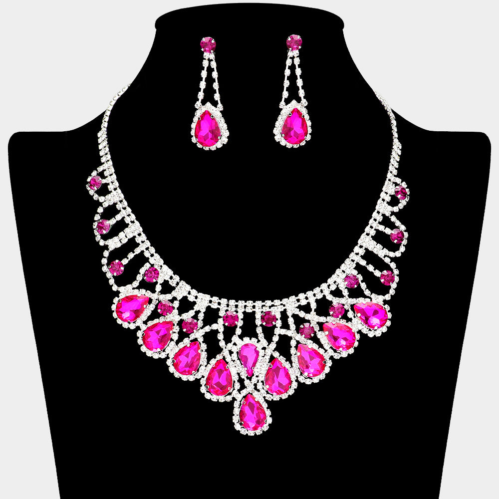 Hot Pink Teardrop and Rhinestone Embellished Collar Necklace Set | Fuchsia Prom Necklace Sets