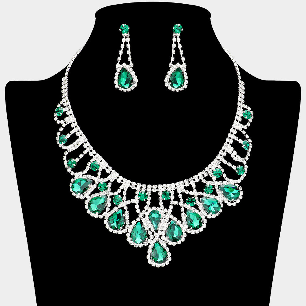 Emerald Teardrop and Rhinestone Embellished Collar Necklace Set | Emerald Prom Necklace Sets