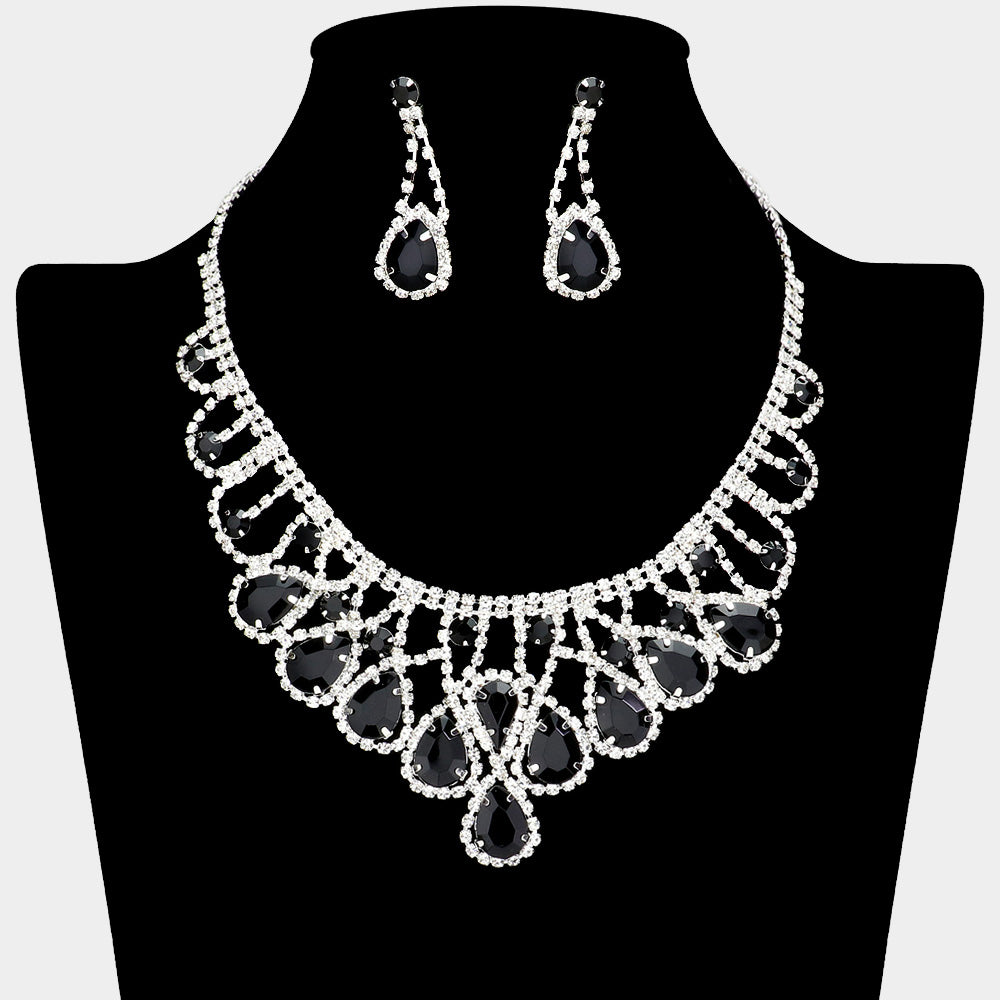 Jet Black Teardrop and Rhinestone Embellished Collar Necklace Set | Jet Black Prom Necklace Sets