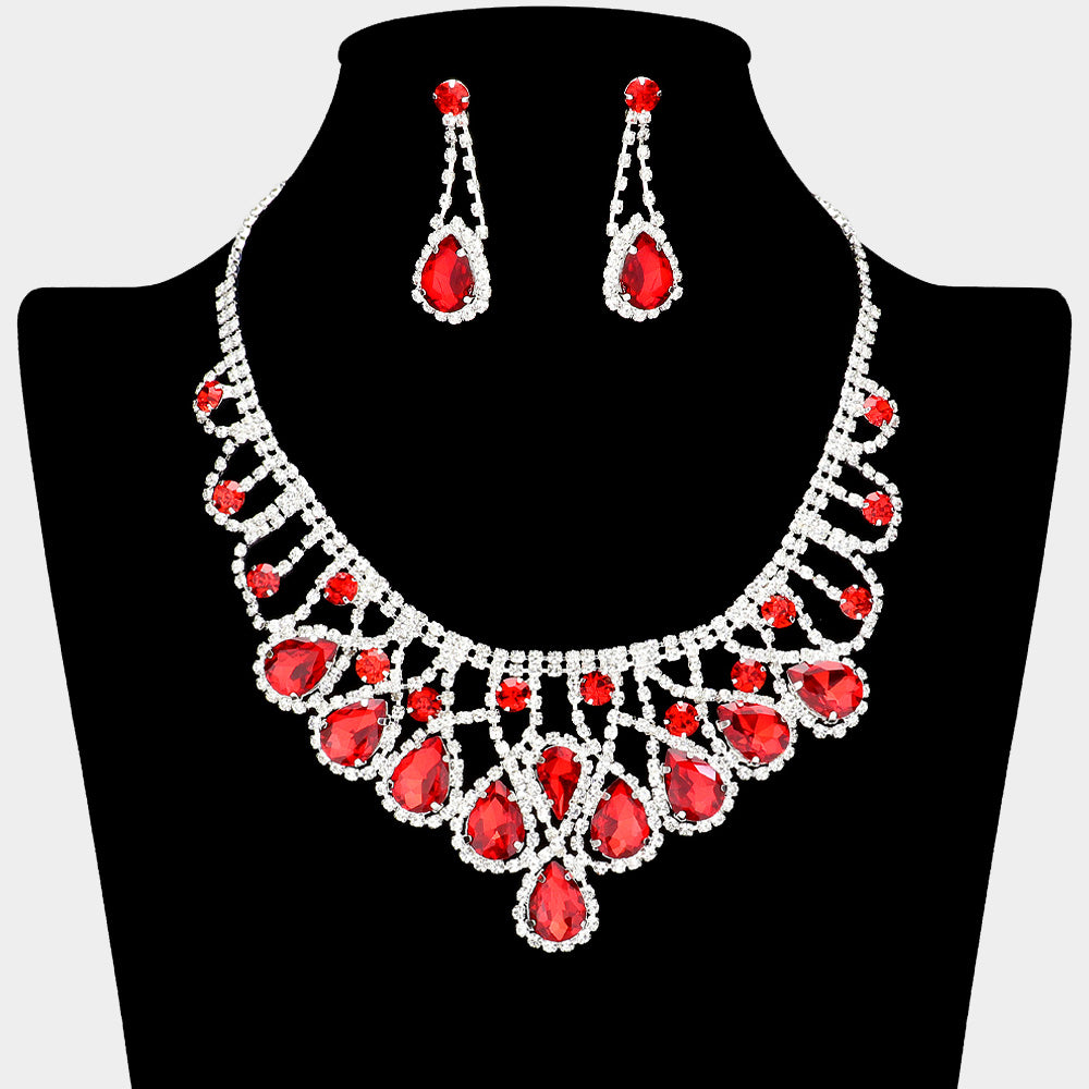 Red Teardrop and Rhinestone Embellished Collar Necklace Set | Red Prom Necklace Sets