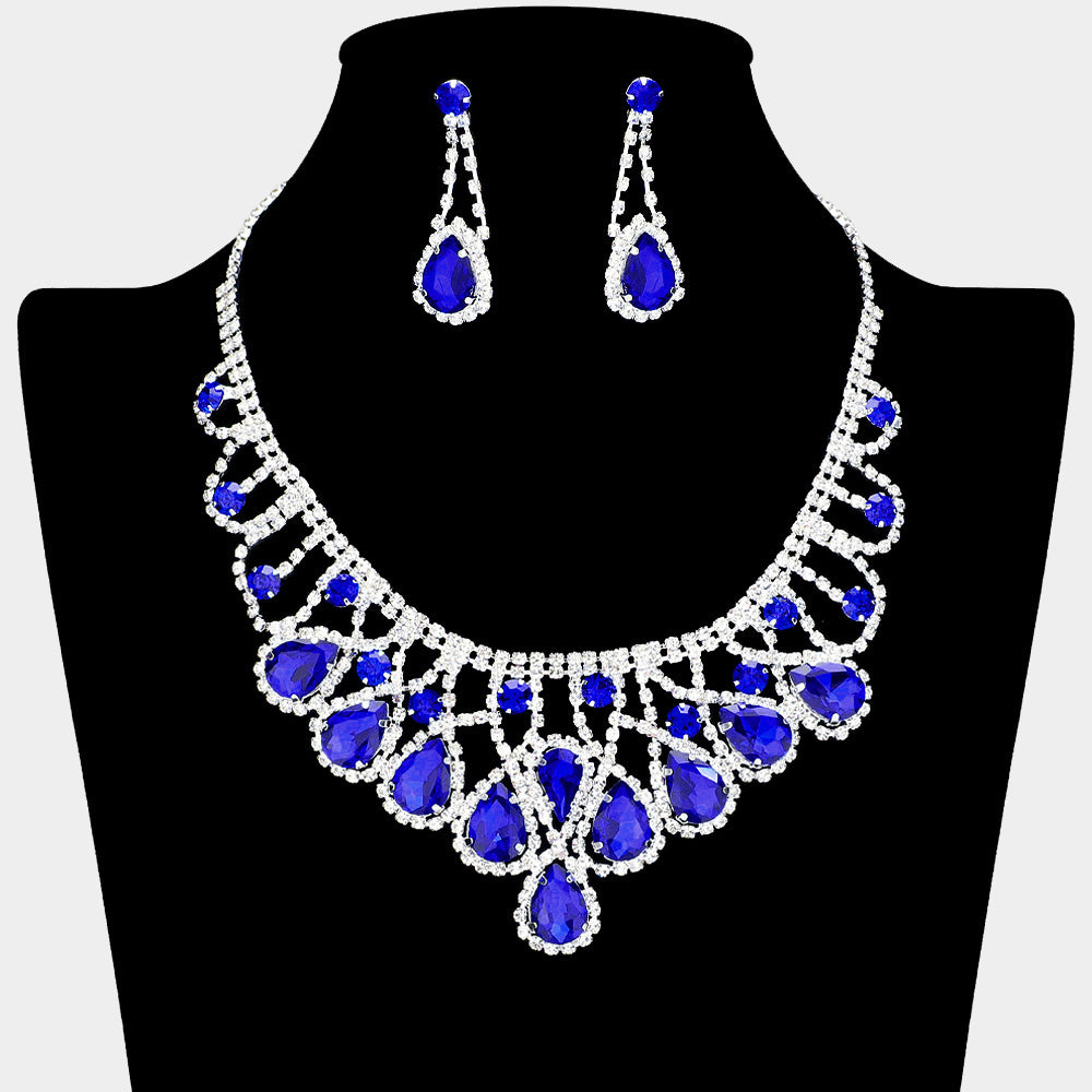 Sapphire Teardrop and Rhinestone Embellished Collar Necklace Set | Sapphire Prom Necklace Sets