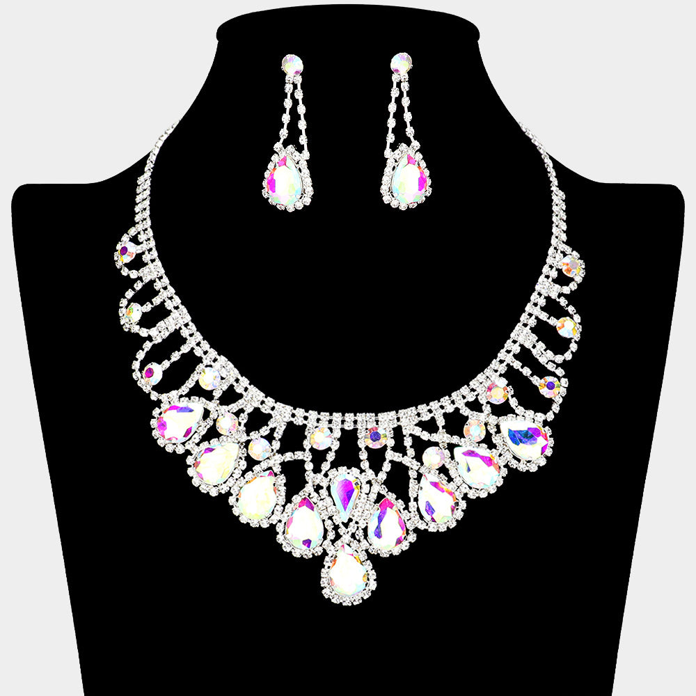 AB Teardrop and Rhinestone Embellished Collar Necklace Set | AB Prom Necklace Sets