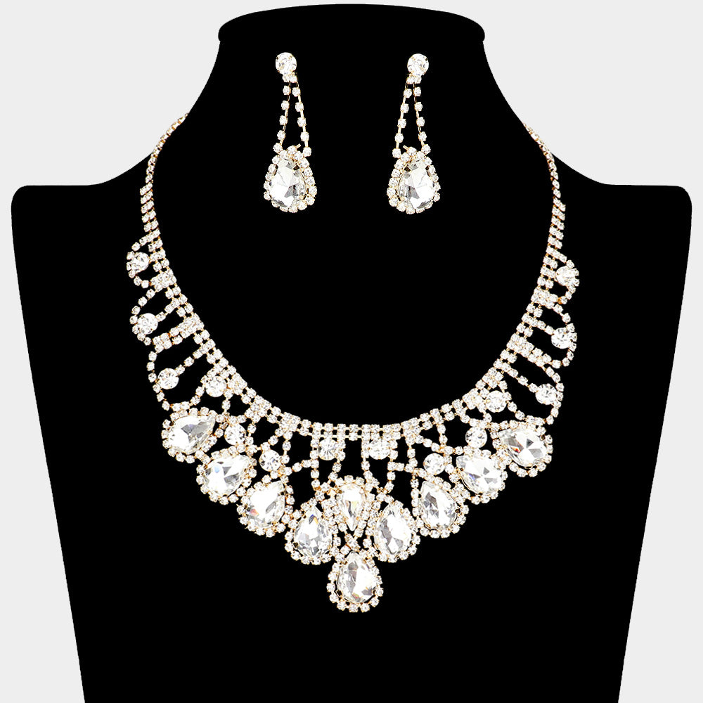 Clear Teardrop and Rhinestone Embellished Collar Necklace Set on Gold | Clear Prom Necklace Sets on Gold