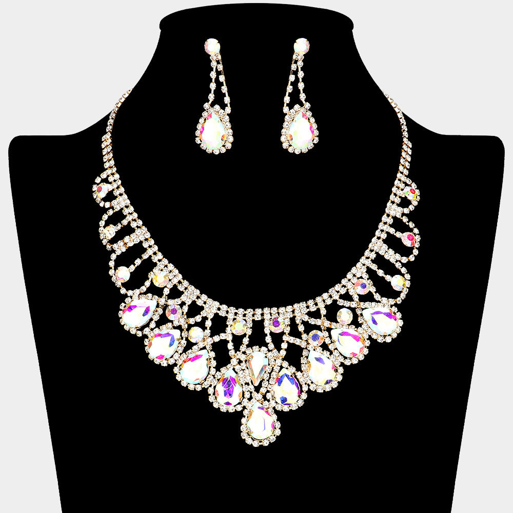 AB Teardrop and Rhinestone Embellished Collar Necklace Set on Gold | AB Prom Necklace Sets on Gold