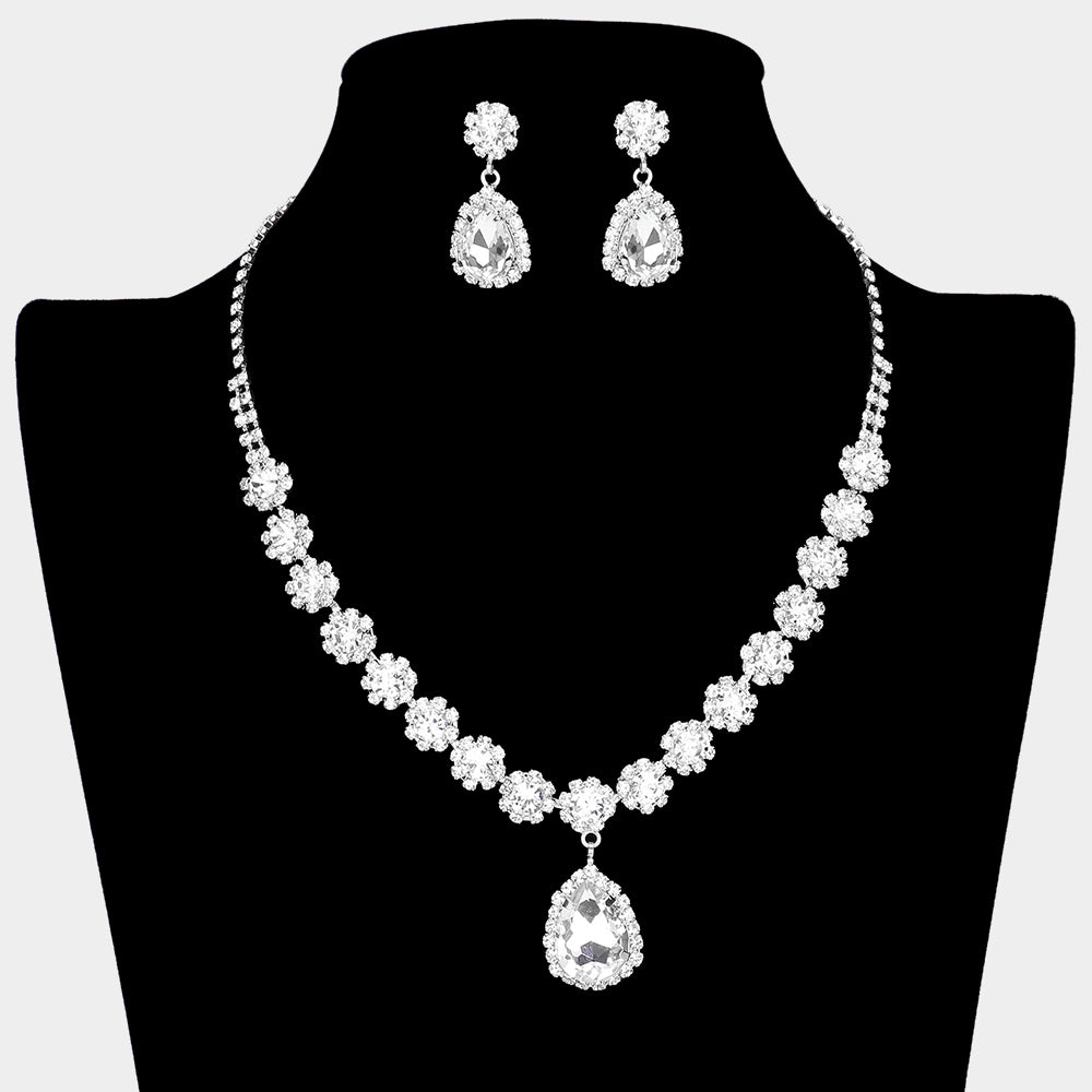 Clear Teardrop and Round Stone Prom Necklace Set on Silver | Special Event Crystal Necklace Set on Silver