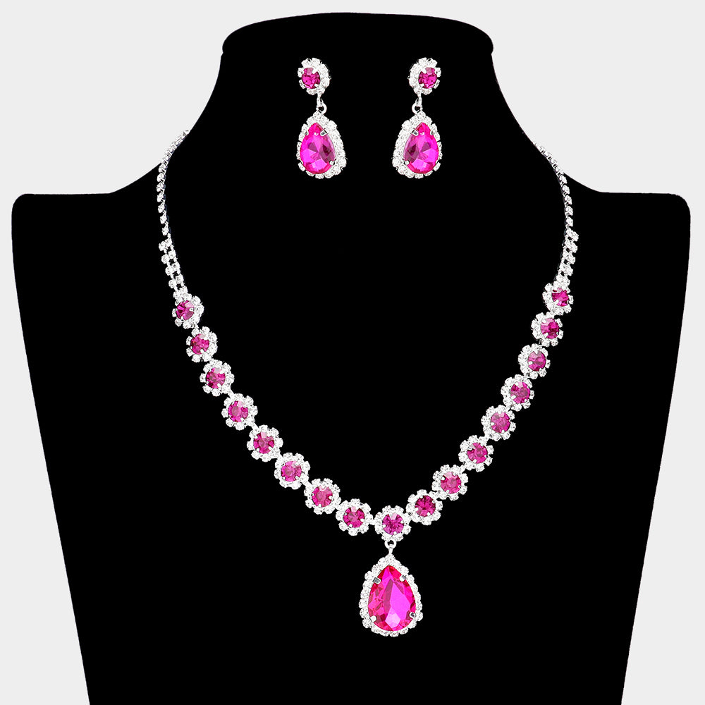 Fuchsia Teardrop and Round Stone Prom Necklace Set  | Special Event Crystal Necklace Set 