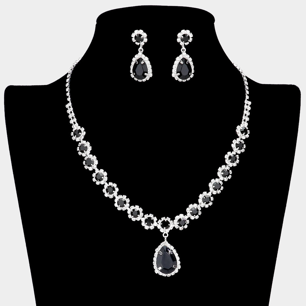 Black Teardrop and Round Stone Prom Necklace Set  | Special Event Crystal Necklace Set