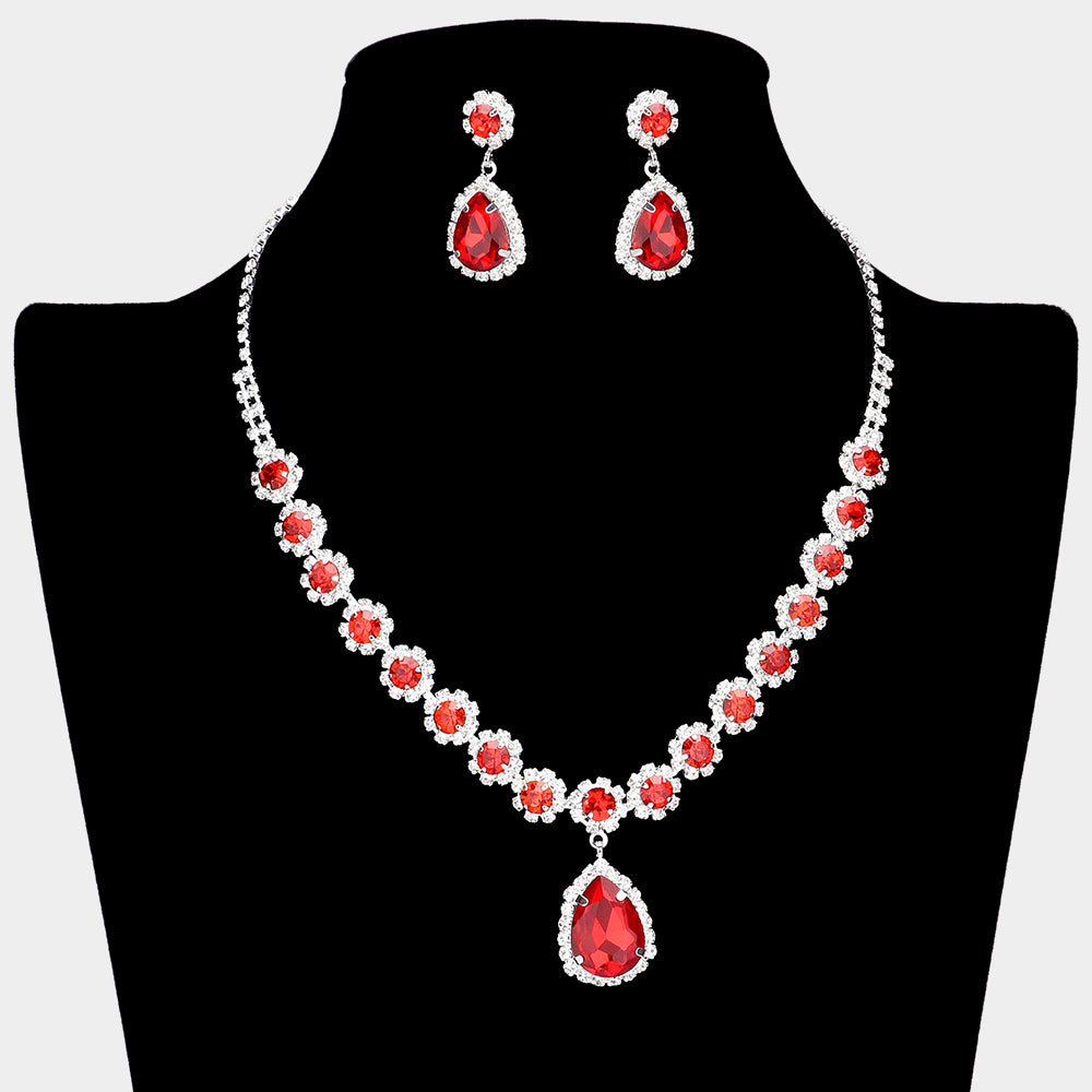 Red Teardrop and Round Stone Prom Necklace Set | Special Event Crystal Necklace Set