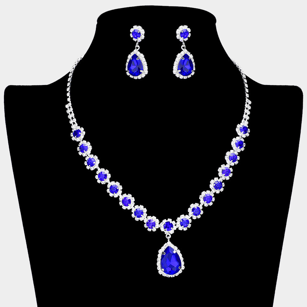 Sapphire Teardrop and Round Stone Prom Necklace Set  | Special Event Crystal Necklace Set