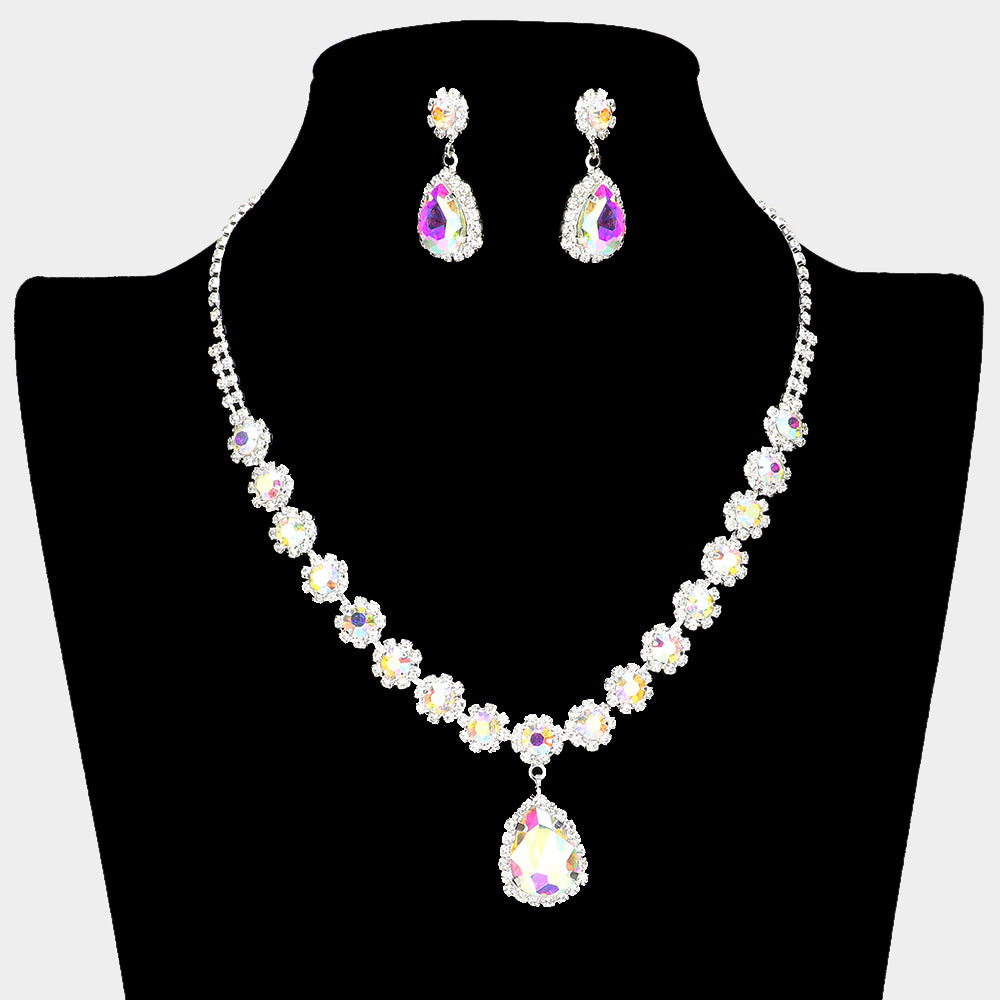 AB Teardrop and Round Stone Prom Necklace Set | Special Event Crystal Necklace Set