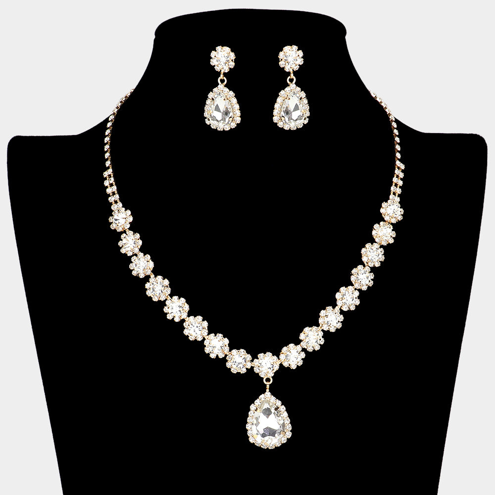 Clear Teardrop and Round Stone Prom Necklace Set on Gold| Special Event Crystal Necklace Set on Gold